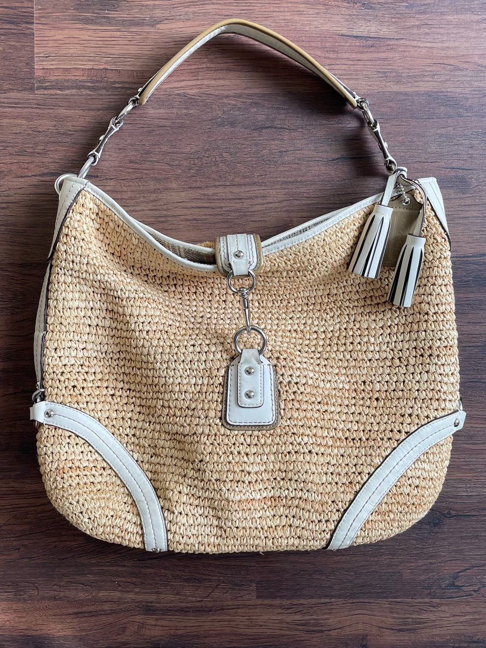 Vintage Coach Straw Top Handle Bag Purse White Leather Trim Y2K